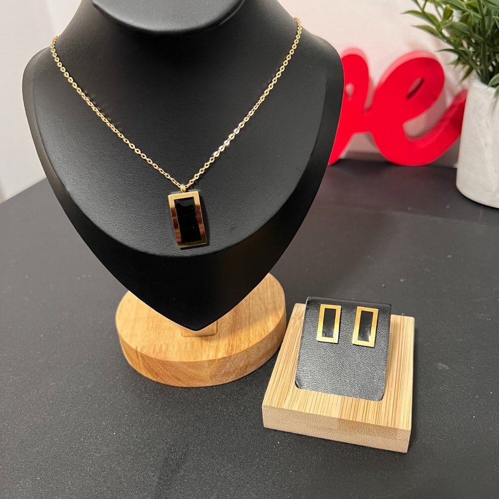 Gold Tone and Black Rectangle Pendant Necklace & Earring Set Stainless Steel